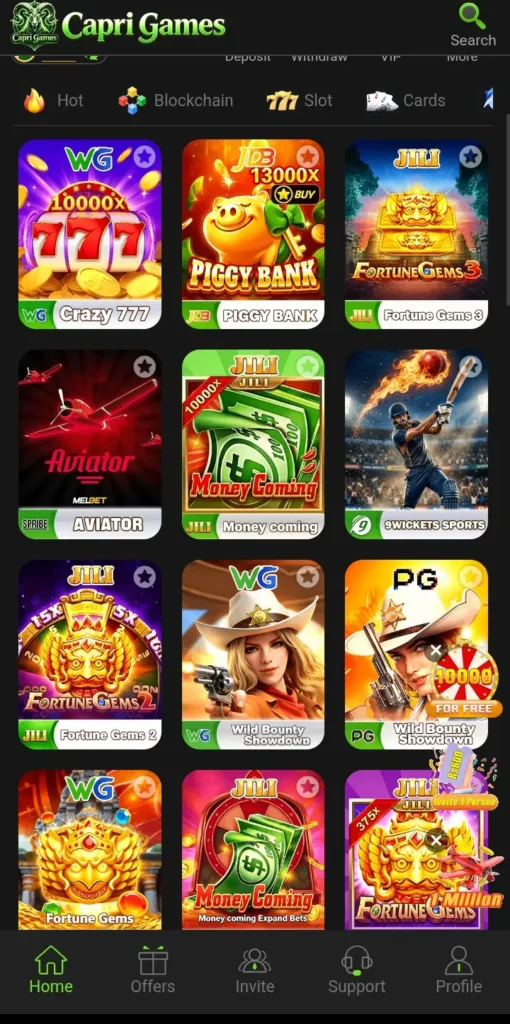 capri game interface