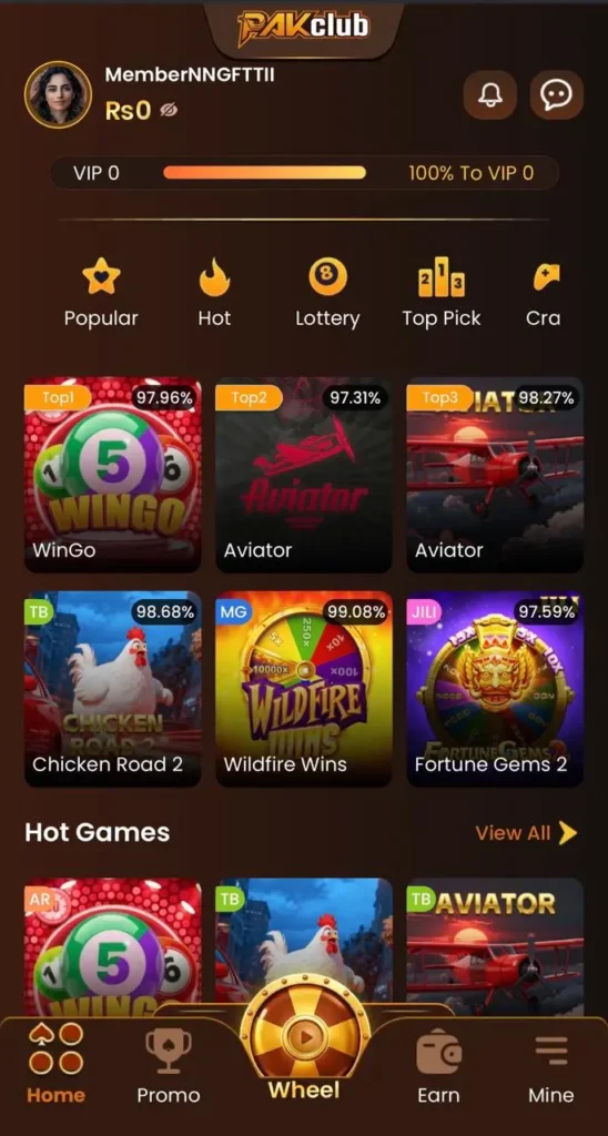 pakclub game interface